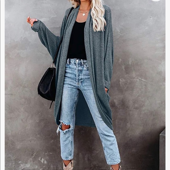 NWT Waffle Knit Batwing Long Sleeve Cardigan Loose Open Front Sweater Coat - Picture 4 of 10